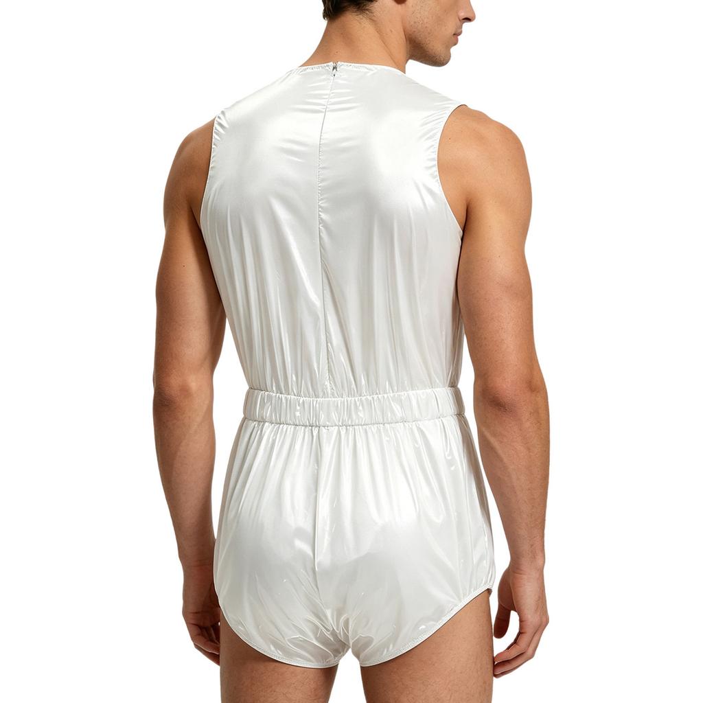 Mens Waterproof Bodysuit Sleeveless Openable Crotch Buttons Back Zipper Elastic Waistband Romper