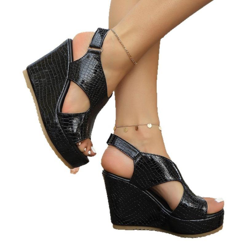 Fashion Wedge Heel Fish Mouth Sandals Summer New Women's Shoes Black Open-toed High Heels