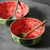 Hand-Painted Watermelon Design Large Ceramic Noodle Bowl with Underglaze Snails Pattern - Fresh, Deep & Stylish.