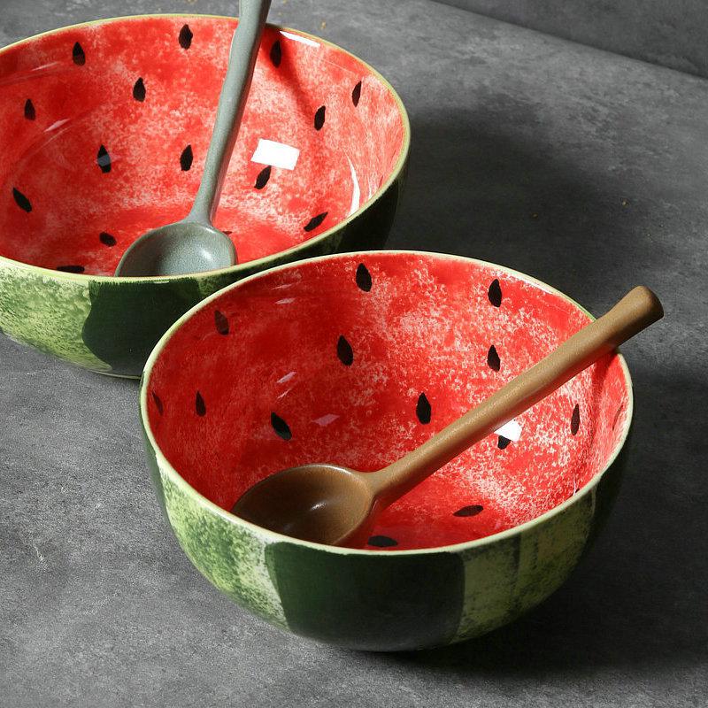 Hand-Painted Watermelon Design Large Ceramic Noodle Bowl with Underglaze Snails Pattern - Fresh, Deep & Stylish.