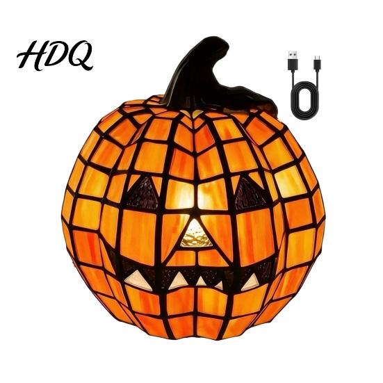 Jack-O-Lantern Nigh Light 1/2Pcs Halloween Bow Pumpkin Light Stained Glass Desk Lamp Table Centerpieces Spooky Decoration for Home Office Fall