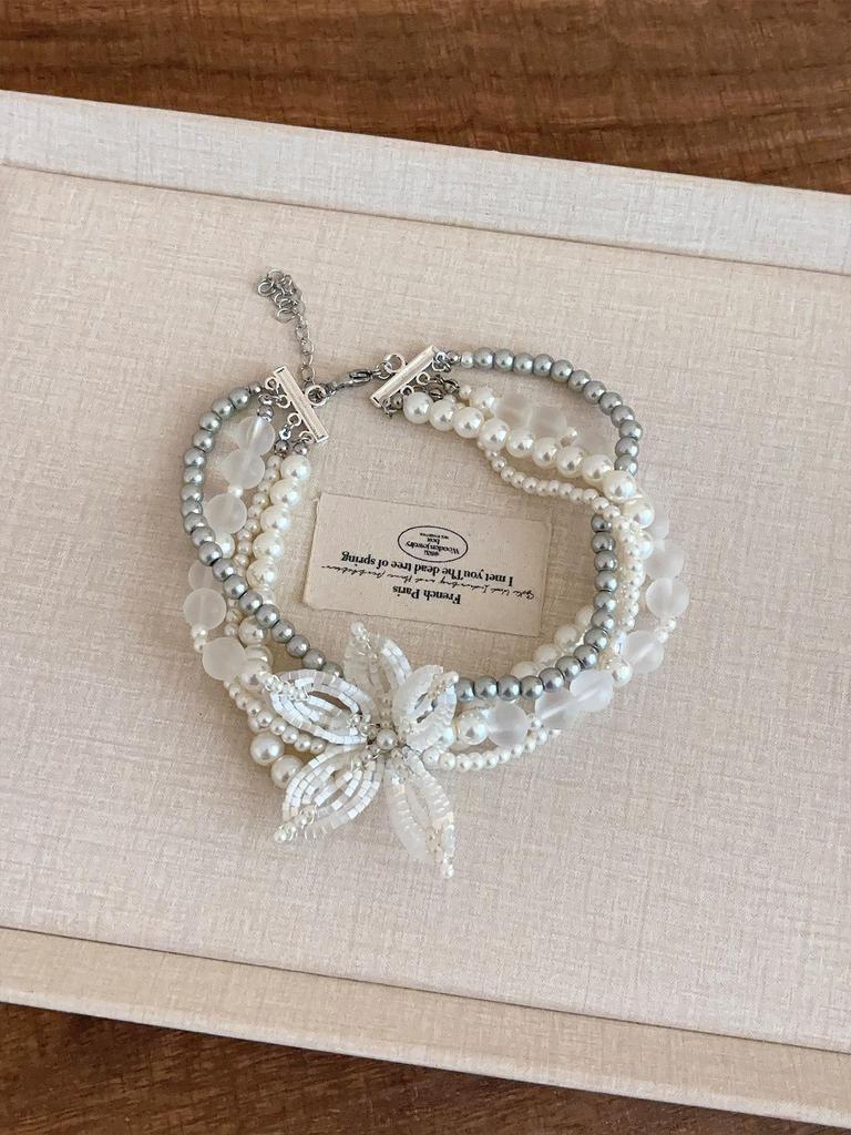 Vintage French Beaded Flower Necklace: Luxurious Multi-Layer Stackable Clavicle Chain for Women