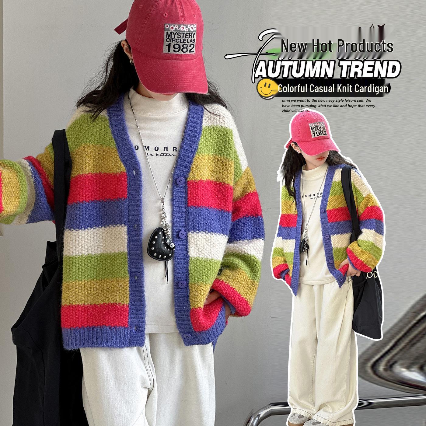 

Пальто-свитер для девочек в полоску на осень-зиму - Модный вязаный кардиган 2025 120 cm