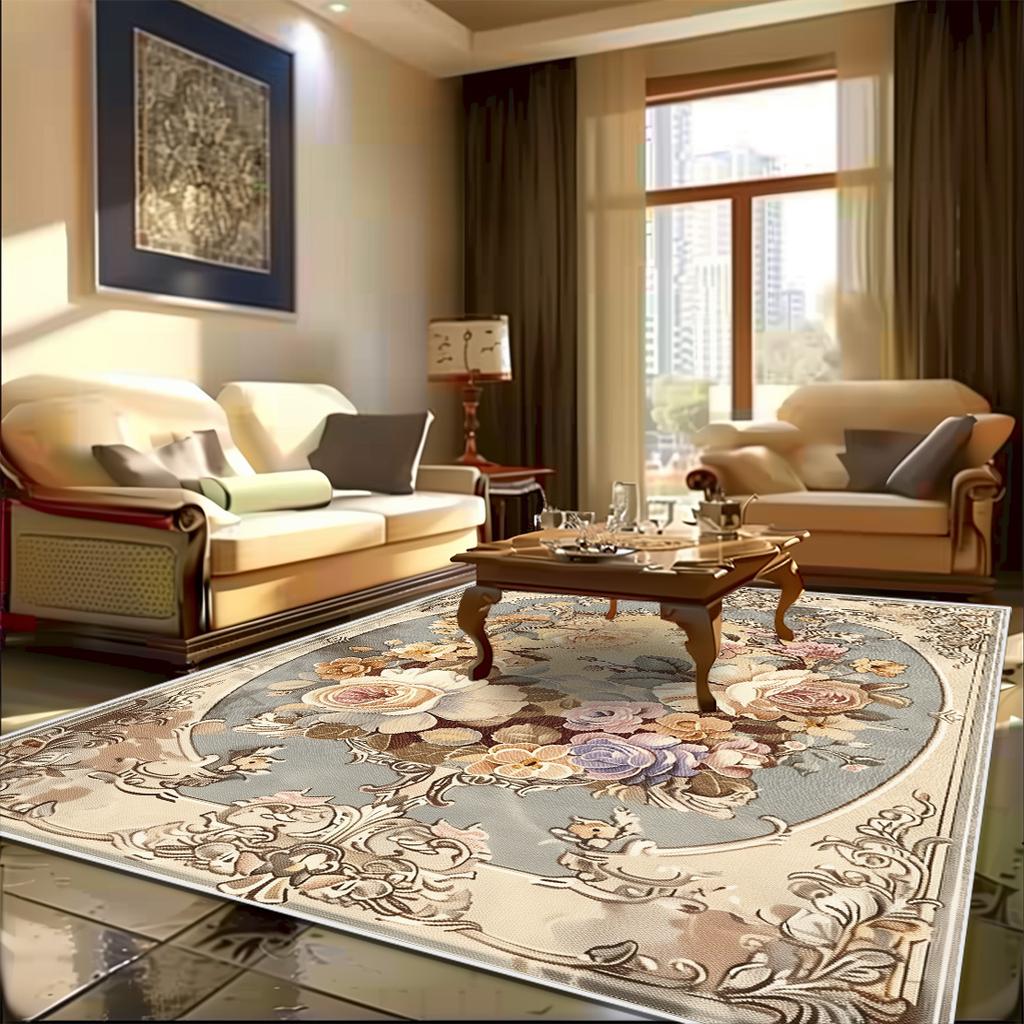 European Carpet Living Room Pastoral Flower Home Carpet Modern Light Luxury Style Bedroom Rug Non-slip Lounge Floor Mat Washable