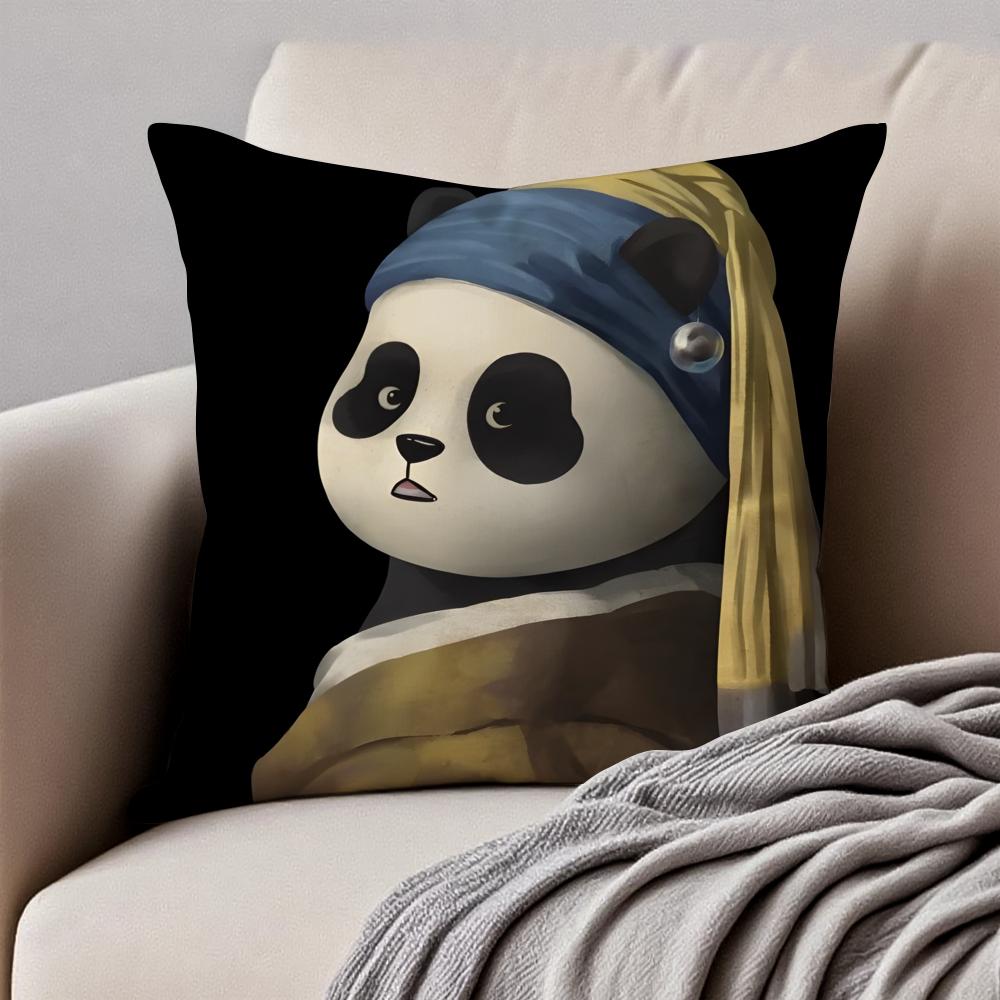 Retro Adorable Cute Panda Cartoon Art Cushion Cover Pillowcase Antidustmite Invisible Zipper Short Plush Sofa Cushion