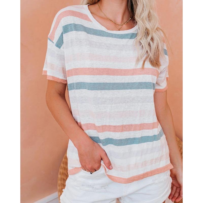 VEZFAA Women's Fashion Casual Summer Spring Stripe Print Short Sleeve O-Neck Blouses & Shirts