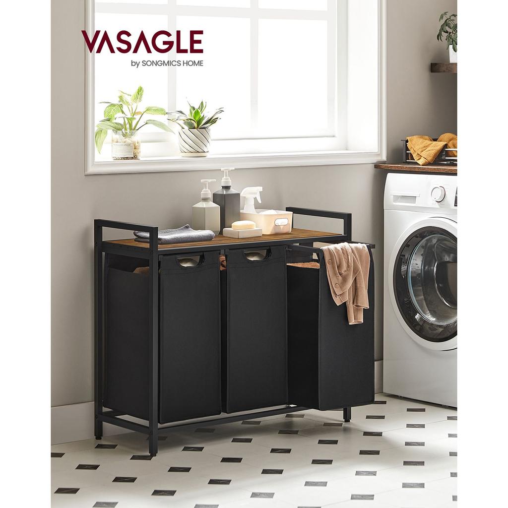 VASAGLE Laundry Basket, Laundry Hamper, Laundry Sorter with 3 Pull-Out and Removable Bags, 1 Storage Shelf, 38L Capacity per Bag, for Bathroom