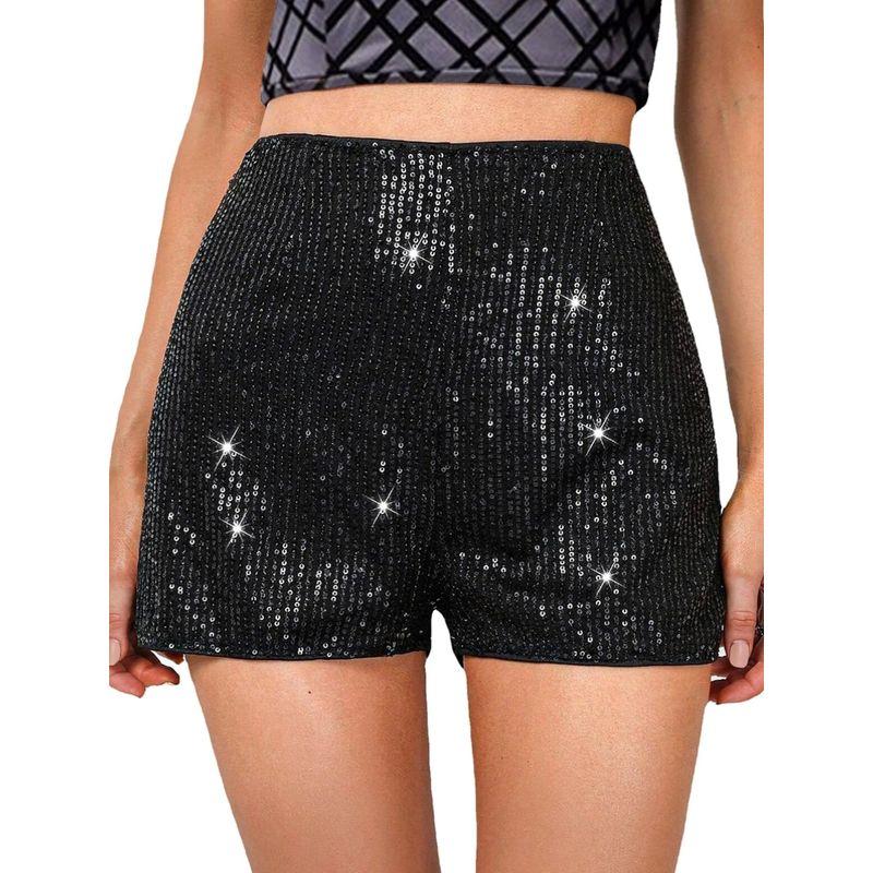 Solid Color Sequin Straight Leg Shorts Pure Color Sequins Plus Size Straight Shorts Female