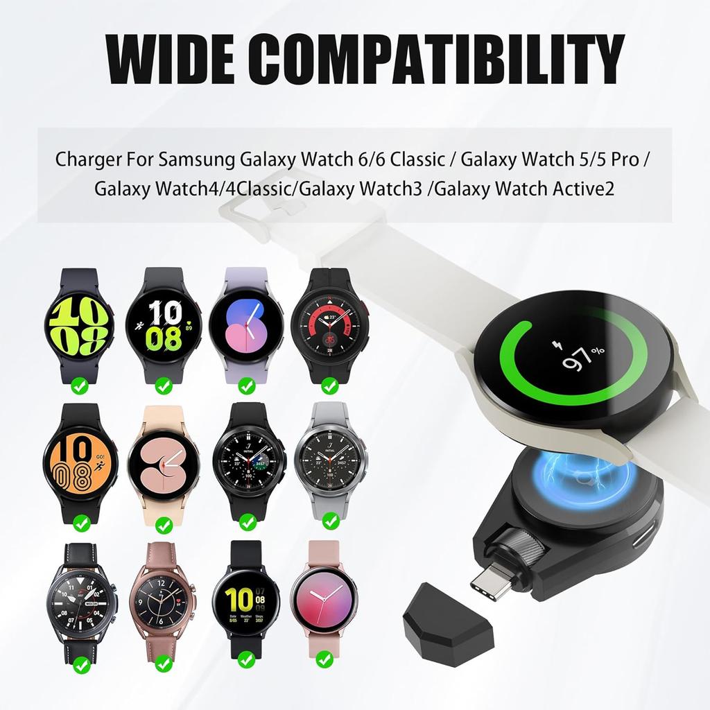 Portable Charger for Samsung Galaxy Watch7, 2in1 USB-C Travel Charger Compatible with Galaxy Watch Ultra/7/6/6 Classic/5 Pro/4/3, 90°Rotatable