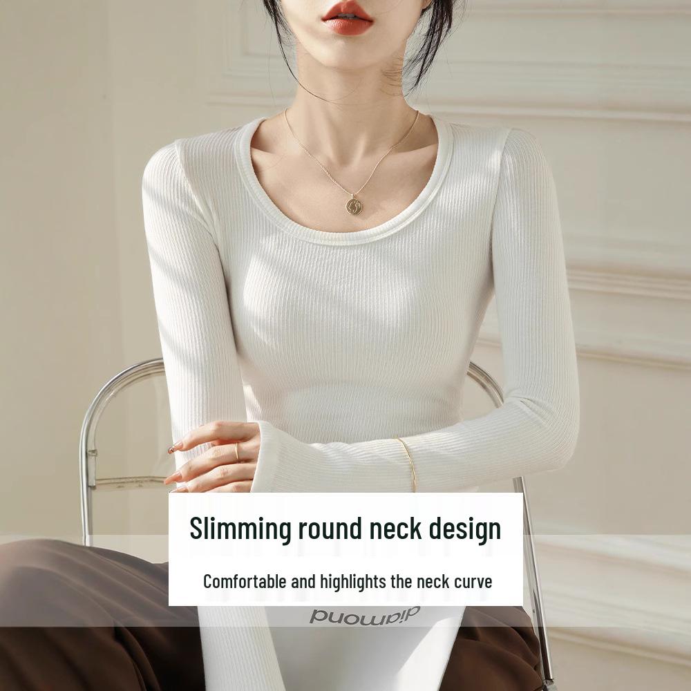 Women's Modal Low-Neck Backless Slim Fit Long-Sleeve Plus Velvet Tee for Autumn and Winter