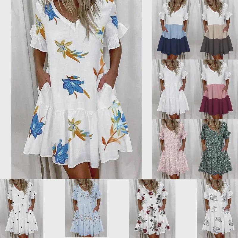 

Women s Fashion Print Ruffle Pocket Dress 3XL