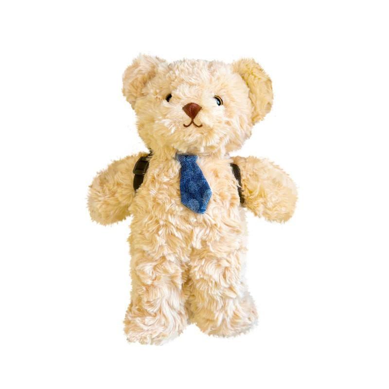 Backpack Teddy Bear Plush Toy, Small Bear Doll with Tie, Cuddly Brown Stuffed Animal for Kids, Soft Companion Toy Gift
