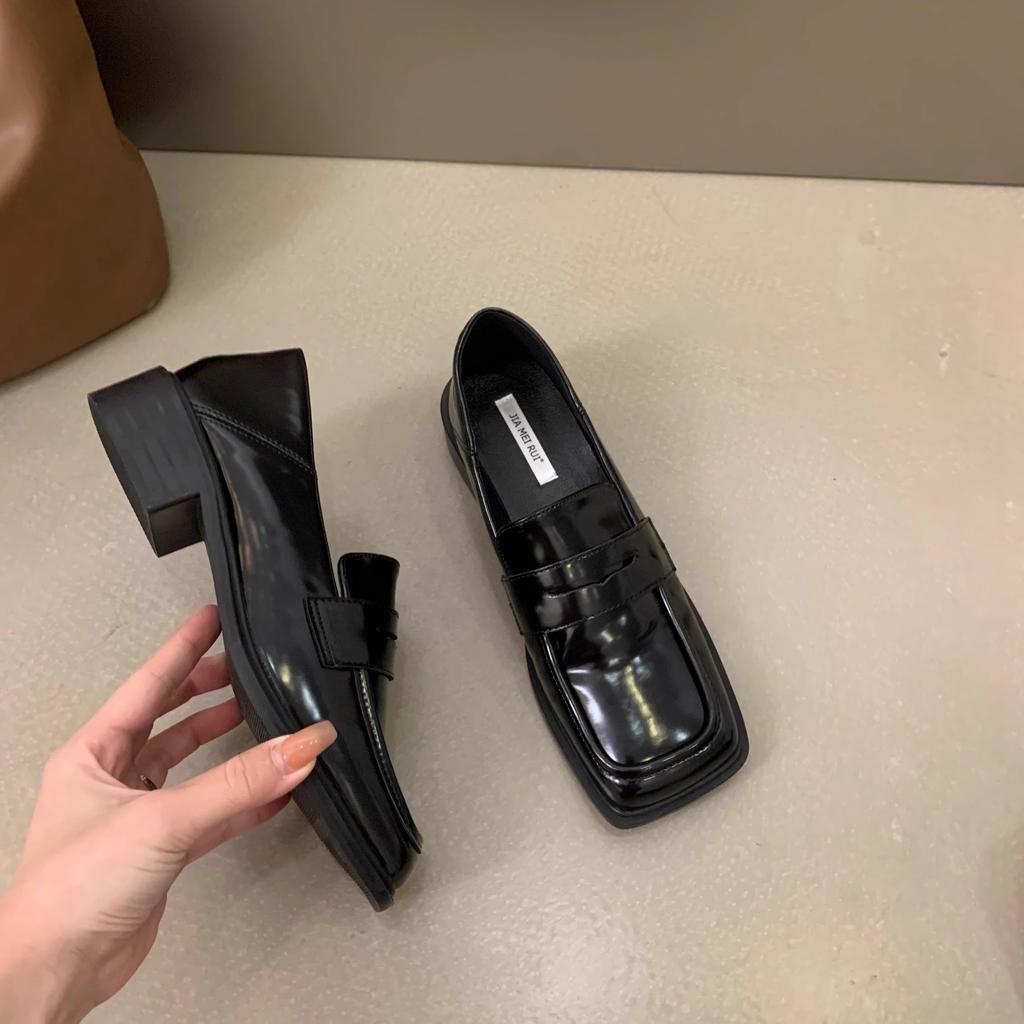 Lodičky na silném podpatku se čtvercovou špičkou, jarní a podzimní mokasíny, dámské boty 2025 nová jarní černá retro britský styl malé kožené boty