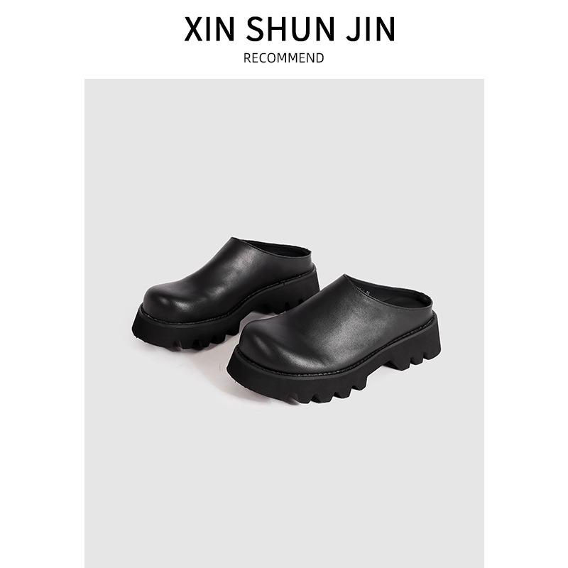 Thick-soled big-headed shoes women's retro leather lazy men and women wear bag-headed shoes with one foot