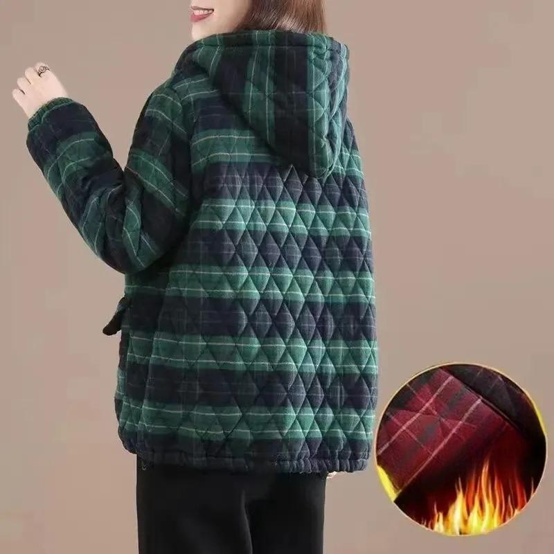 Bunda s bavlněnou výplní, Dámská bunda, Silný styl, Podzimní a zimní styl, Dámská bunda s výplní ve velkých velikostech, Kostkovaná bunda s výplní