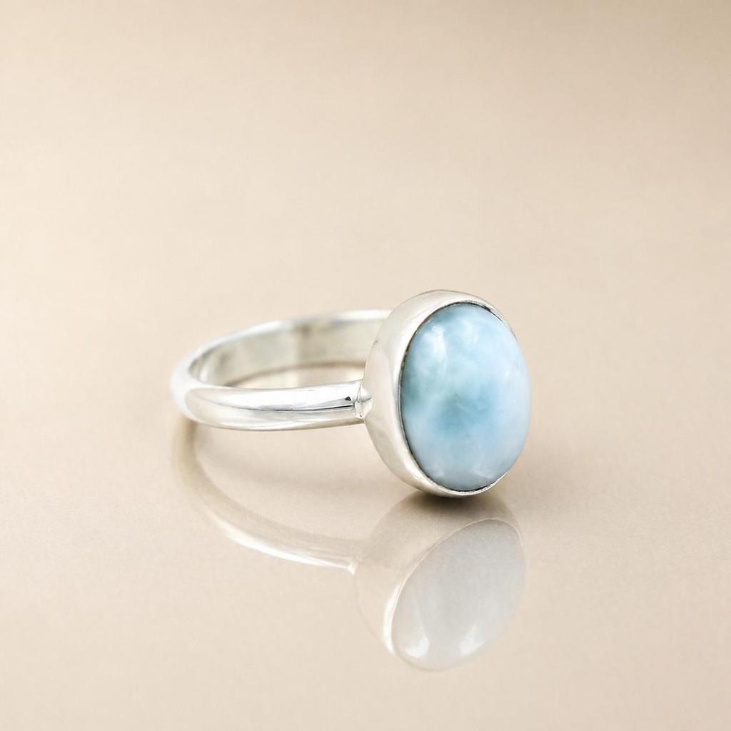 Larimar Ring 925 Sterling Silver, Natural Blue Stone Ring, Handmade Minimalist Jewelry, Ocean Inspired Gemstone Ring