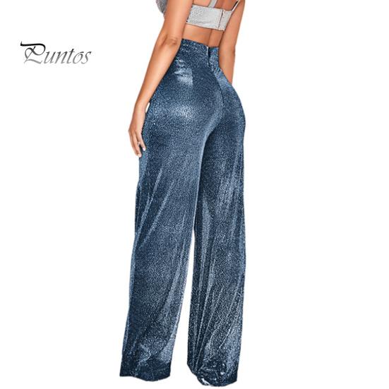 Women Trousers Wide Leg with Hot Stamping Design Glossy Pants Long Clubs Performances Zipper Closure Glitter Shiny Fabric Statement