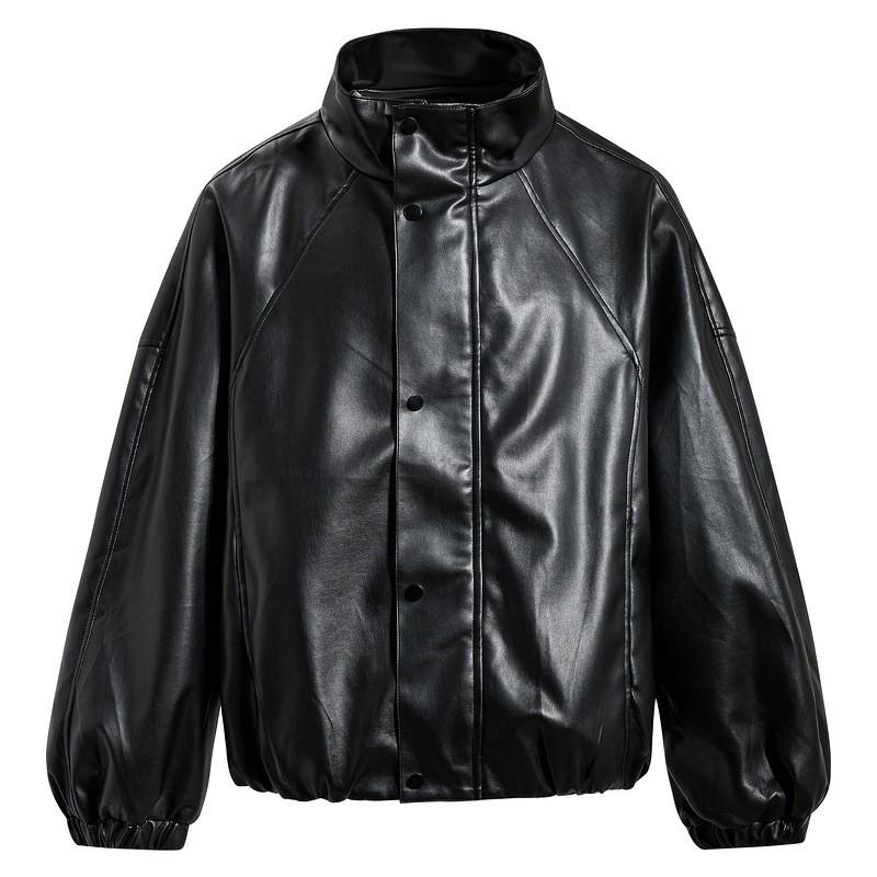 Unisex Stand Collar PU Leather Jacket Oversized Streetwear Casual Outerwear 2026