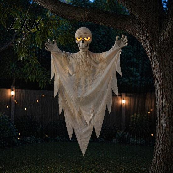 Voice Triggered Scary Prop Halloween Hanging Mummy Decoration with Sounds, 31.5 Inch Activated Creepy Home Ornament Glowing Skull Eyes for Haunted