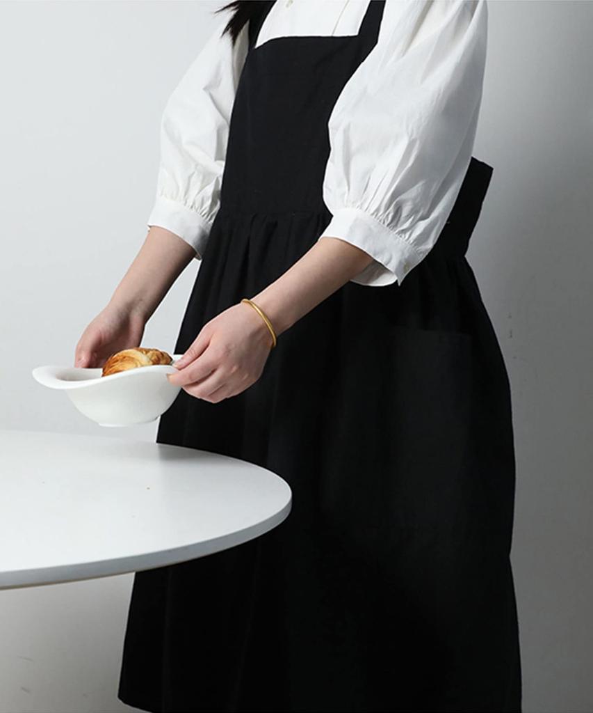 Café-förkläde med utsvängd design, Naturfärgat [Imoha] Förkläde, Heldelat förkläde, Dam, Trädgårdsarbete, 100% Bomull, Café-stil (Svart)