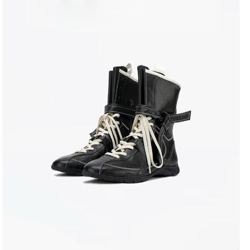 Cowhide Version~ Flat Bottom Inner Height Increase Martin Boots Women's 2025 New Boxing Boots Matte Leather Lace-up Short Boots German Training Boots