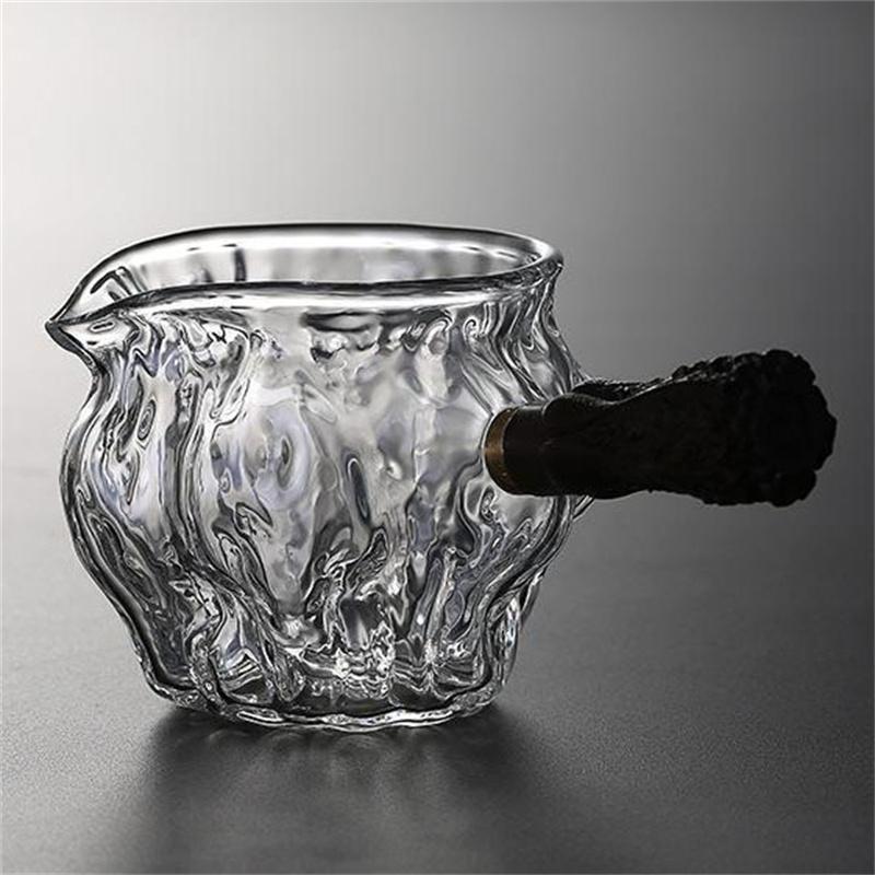 240ML Walnut Pattern Side Wooden Handle Glass Tea Serving Pot Decanter Chahai Tea Pitcher Glass Tea Cup Kung Fu Tea Set 240ml