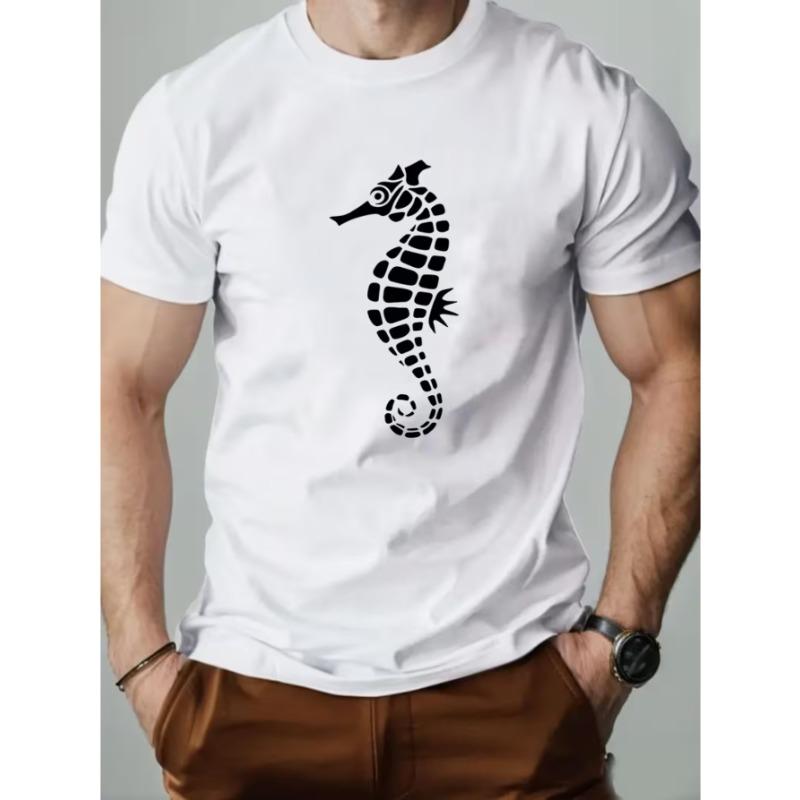 European Size Men's Seahorse Print Summer Casual Crew Neck Short T-Shirt