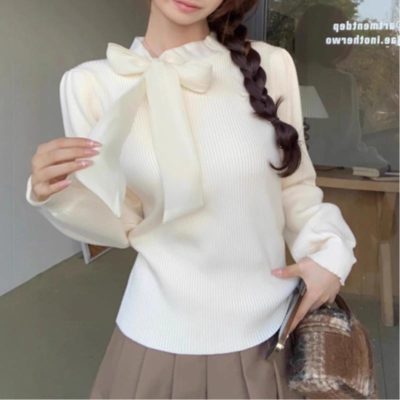 

Women s Bow Tie Neck Knit Top Ribbed Long Sleeve Sweet Sweater Autumn Winter Casual Wear OneSize