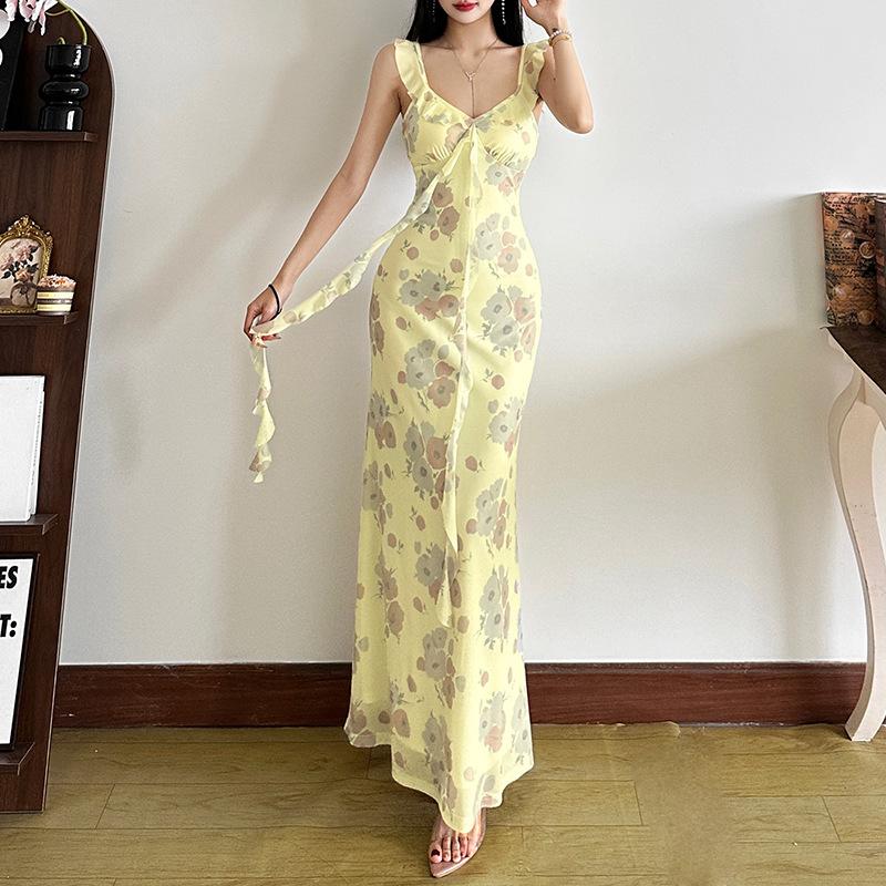 European and American Summer New Women's Clothing Sexy Low-cut Spice Girls Vacation Style Retro Printing Slim-fitting Backless Dress
