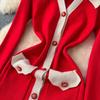 Autumn Winter Women Elegant Color Blocking Single Breasted Knitted Sweater Long Maxi Slim Bodycon Party Dresses