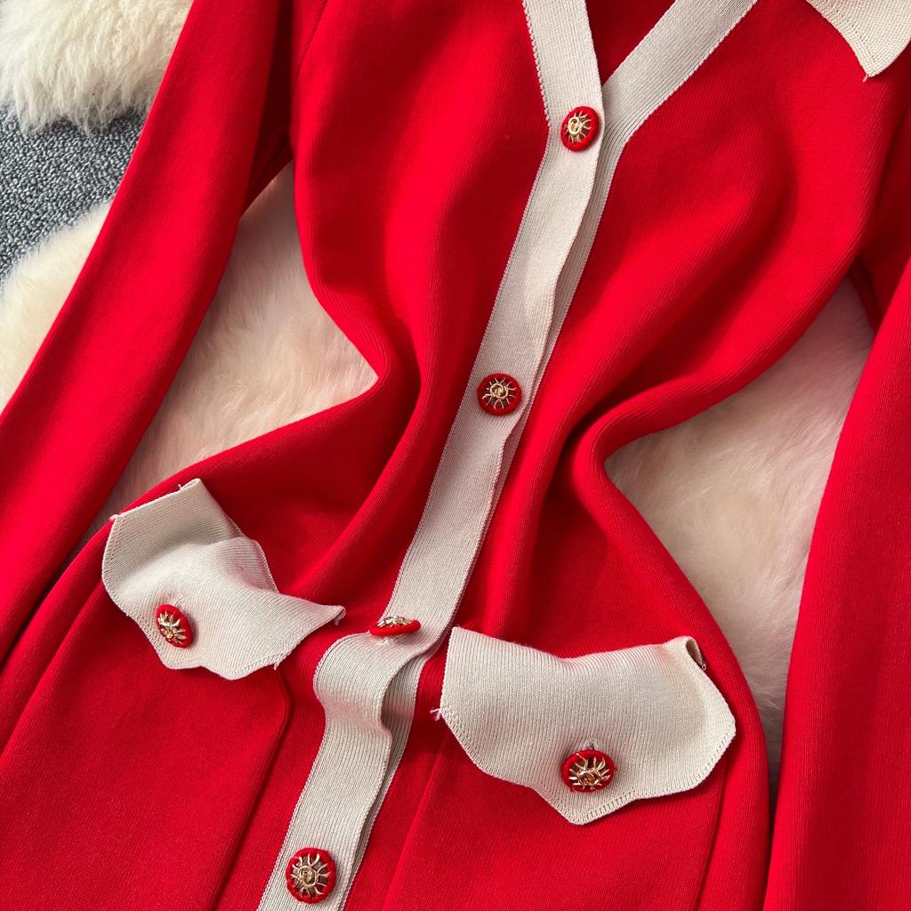 Autumn Winter Women Elegant Color Blocking Single Breasted Knitted Sweater Long Maxi Slim Bodycon Party Dresses