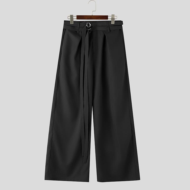 INCERUN Men Double Buckle Belt Drape Loose Fit Wide Leg Pants Long Trousers