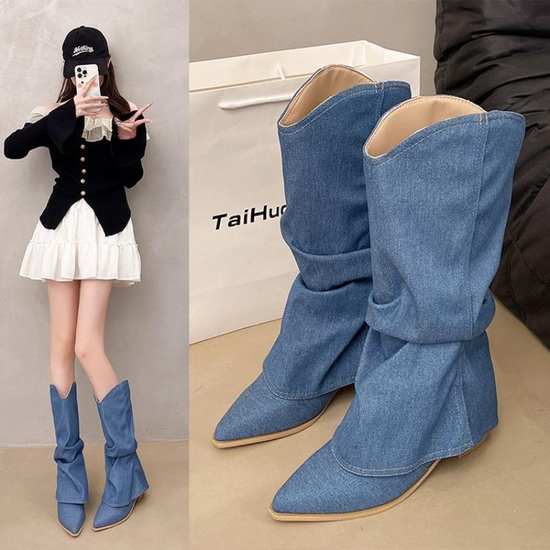 Women Pleated Blue Denim Boots New Square Heel Middle Heels Pointed Toe Women Shoes Retro Knee-High Long Boots Large Size 39- 42