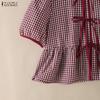 ZANZEA Women Plaid Print Casual Round Neck Short Sleeve Blouse