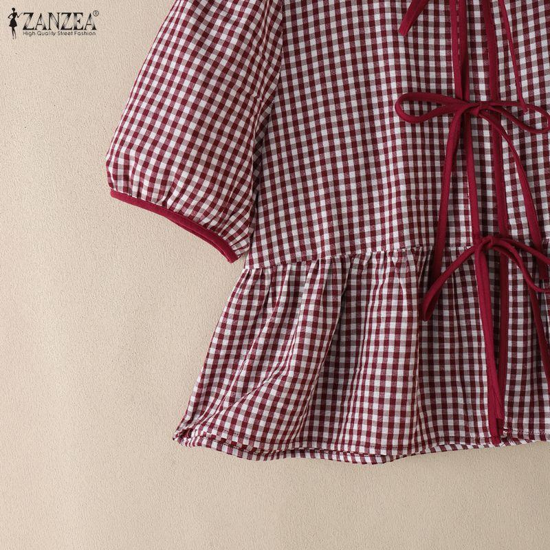 ZANZEA Women Plaid Print Casual Round Neck Short Sleeve Blouse