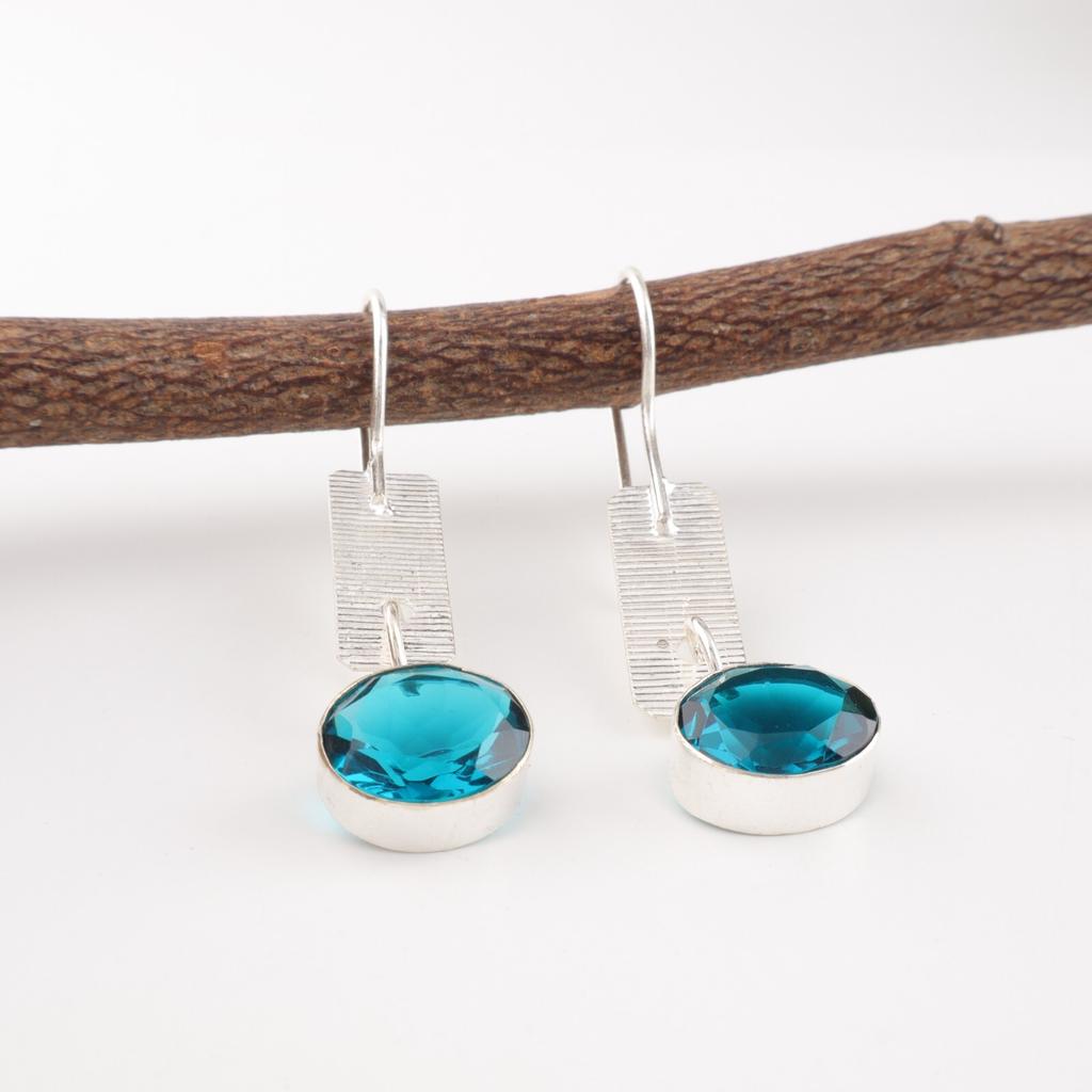 Blue Apatite Gemstone 925 Stamped Silver Designer Jewelry Handmade Earrings 1.9" EE-168-13
