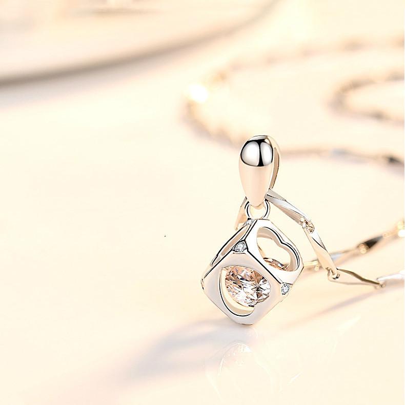 S999 Sterling Silver Magic Cube Necklace Pure Silver Design Heart-Shaped Love Cube Necklace for Women