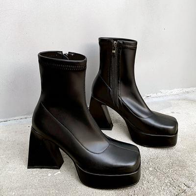 Chunky Chelsea Stiefel Winter Frauen Plattform Schuhe Zipper High Heels Square Toe Stiefeletten Pumps Punk Sexy Motorrad Botas