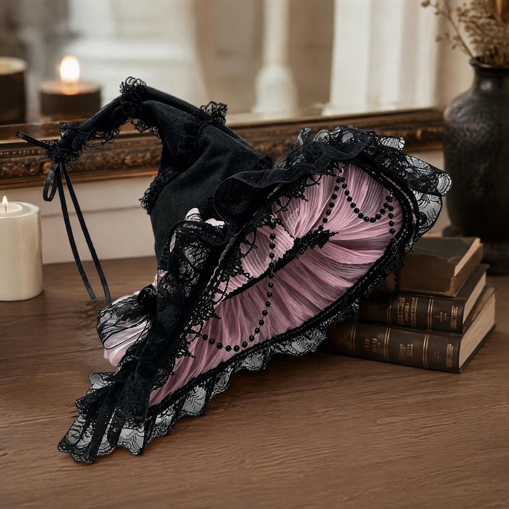 Lace Witch Hat Wide Brim Pointed Top Bow Gothic Costume Halloween Hat for Women Cosplay Party Dress Up