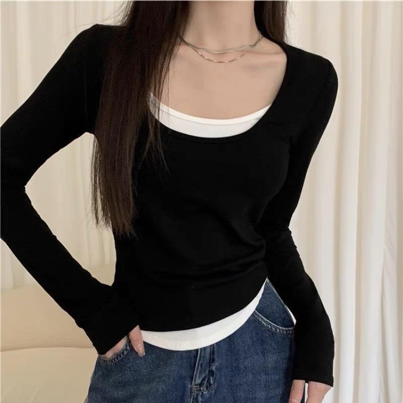 Langarm Damen Kaltes Basic Warmes Hemd Herbst Falsches Zweiteiliges T-Shirt Farbblockierendes Unterhemd Damen Dünne Rundhalsoberteile für Draußen
