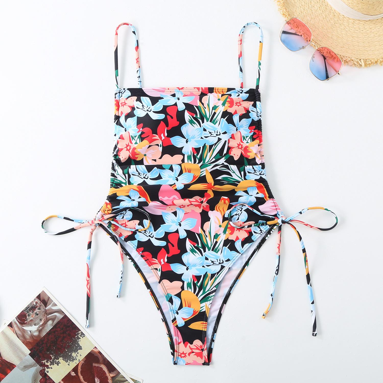 Bikini print pleated strap-up sexy one-piece slim swimsuit bikini S