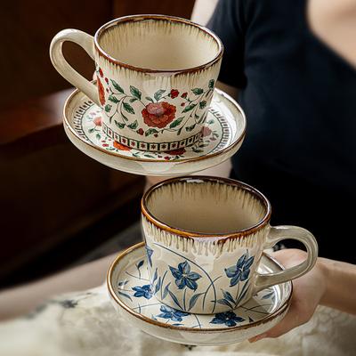 Retro Ceramic Coffee Cup and Saucer Creative Floral Mug Exquisite Afternoon Tea Flower Tea Coffee Latte Cup Breakfast Milk Mug