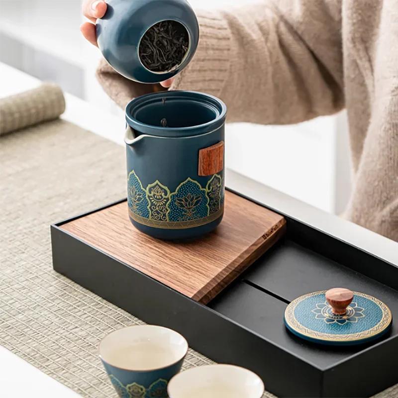 1 Set Travel Tea Set Portable Kung Fu Tea Set Ceramic Teapot Tea Canister Tea Cup Outdoor Quick Cup Tea Canister Leather Bag