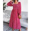 Spring and Autumn Women's Dress Square Neck Long Sleeve Vacation Dresses Pleated Long Dress