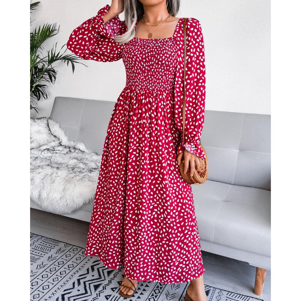 Spring and Autumn Women's Dress Square Neck Long Sleeve Vacation Dresses Pleated Long Dress