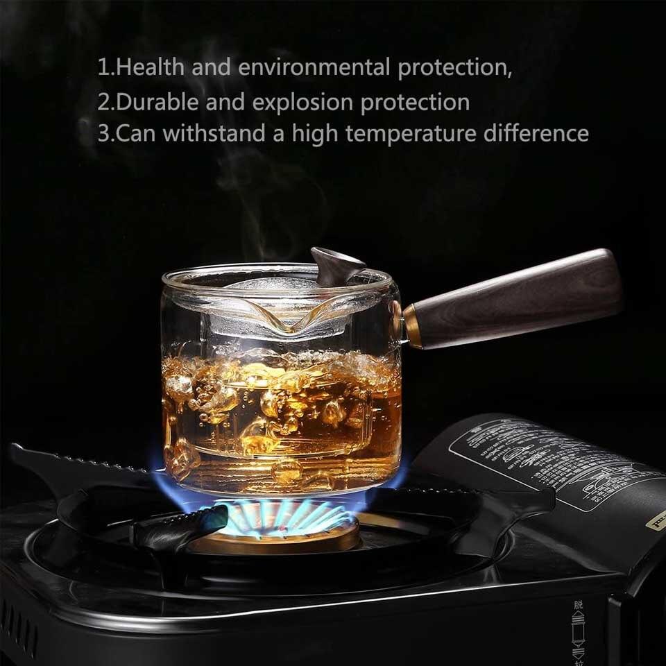 Teiera in vetro da 500 ml con infusore, filtro, bollitore, manico in legno, set da ufficio