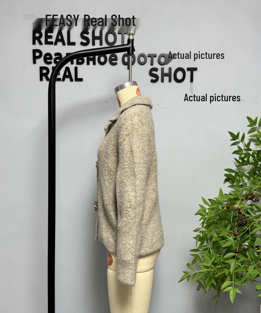 European & American Style Faux Fur Flower Button Knit Cardigan for Women