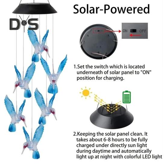 Dzwonki wietrzne w kształcie kolibra, motyl, wiszący wisiorek, wodoodporny, zasilany energią słoneczną, automatycznie oświetlony, dzwonki wietrzne, dekoracja zewnętrzna