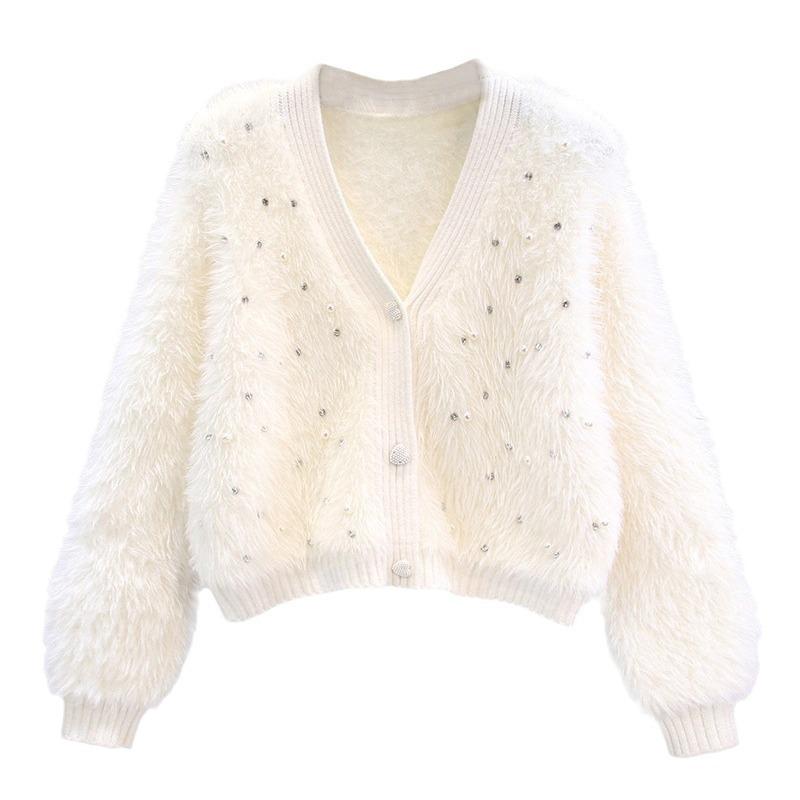Small Perfume Style Beading Imitation Mink Velvet Sweater Jacket Women Loose Short V-neck Knitted Cardigan Comfortable Versatile and Fashionable