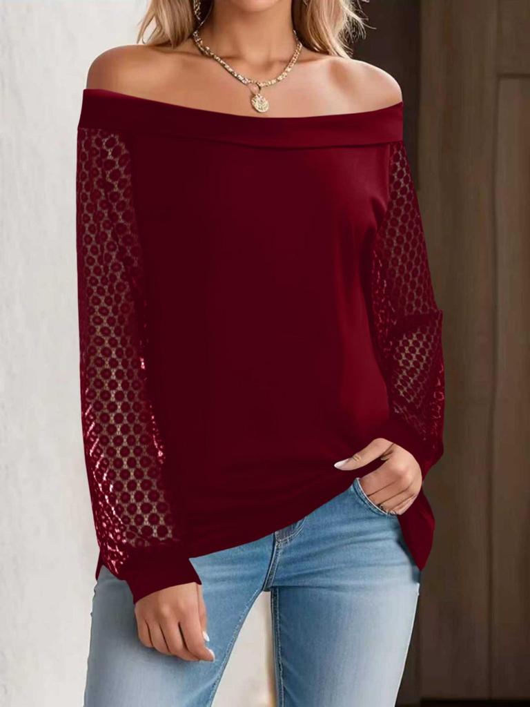 Spring/Summer 2026 Solid Color French Lace Patchwork Lantern Sleeve Crossover Women's T-Shirt